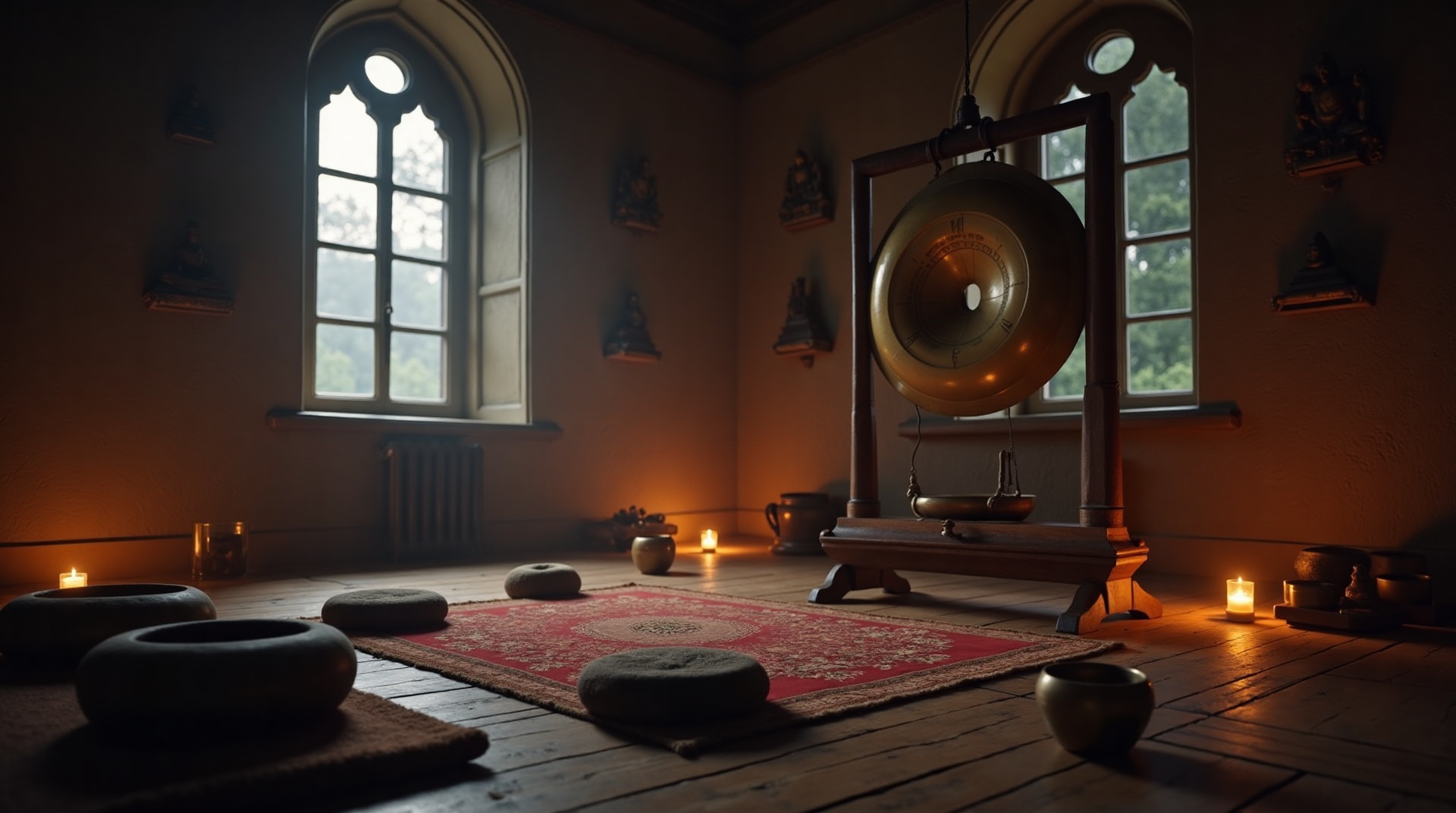 A large gong glowing softly in low light before a sound bath